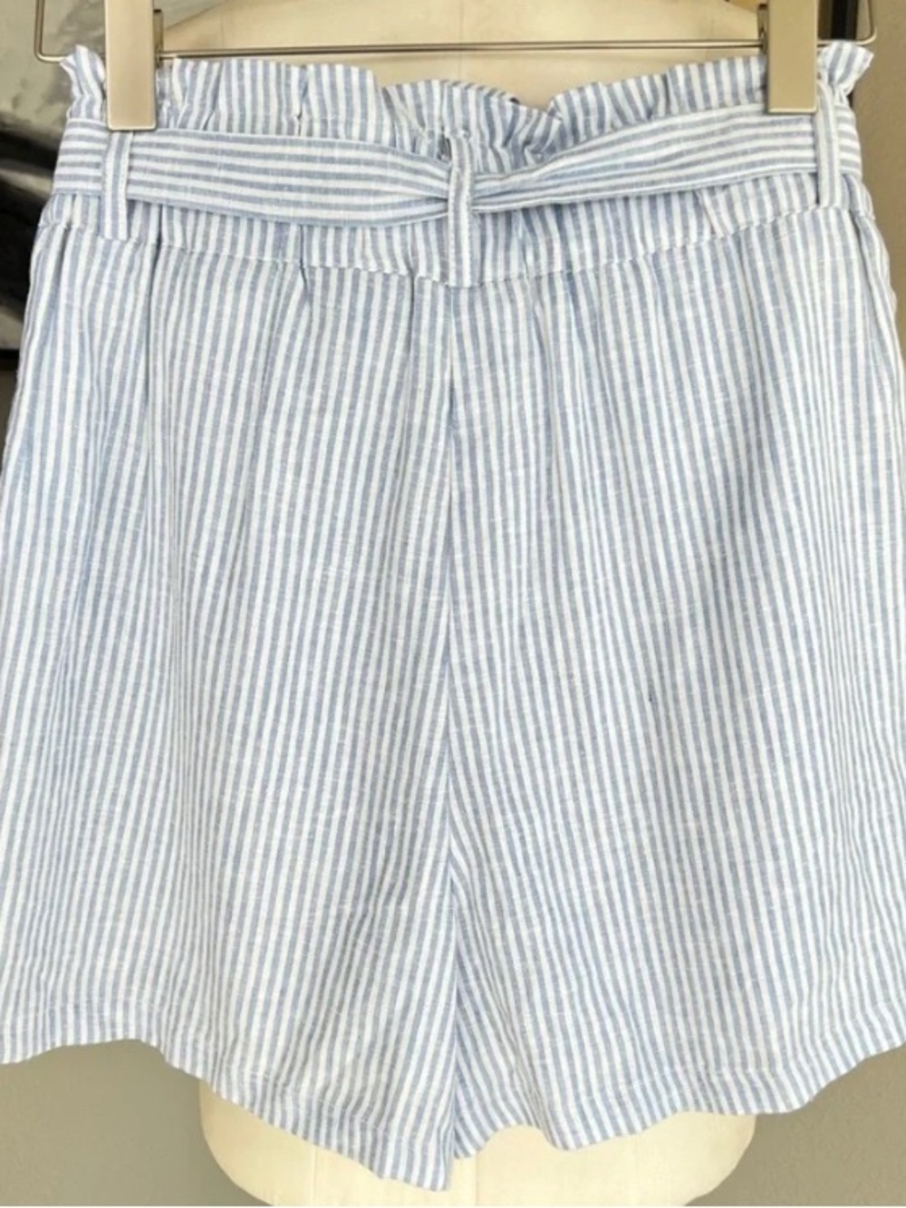 Striped Paperbag Waist Shorts - Light Blue & White - Picture 2 of 5